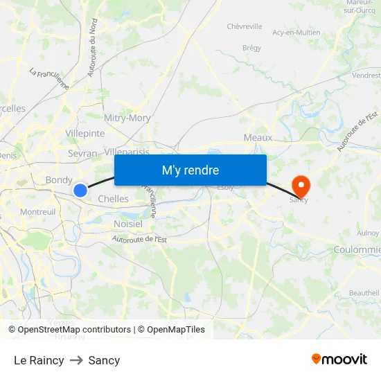 Le Raincy to Sancy map