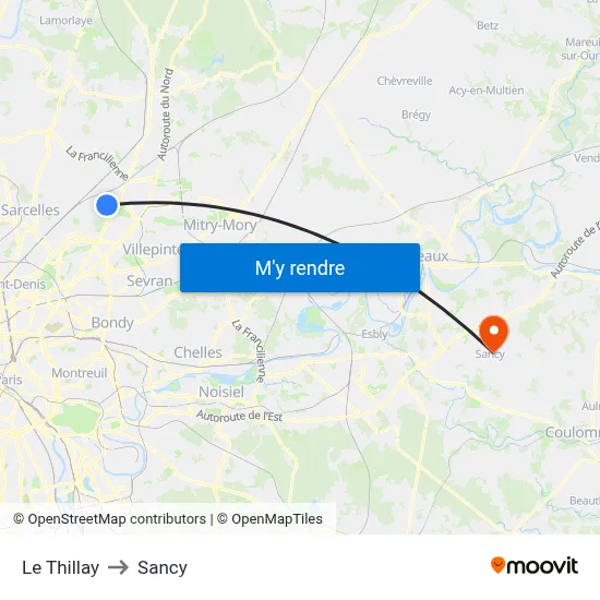 Le Thillay to Sancy map
