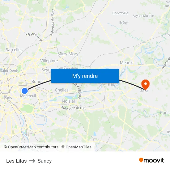 Les Lilas to Sancy map