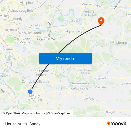 Lieusaint to Sancy map