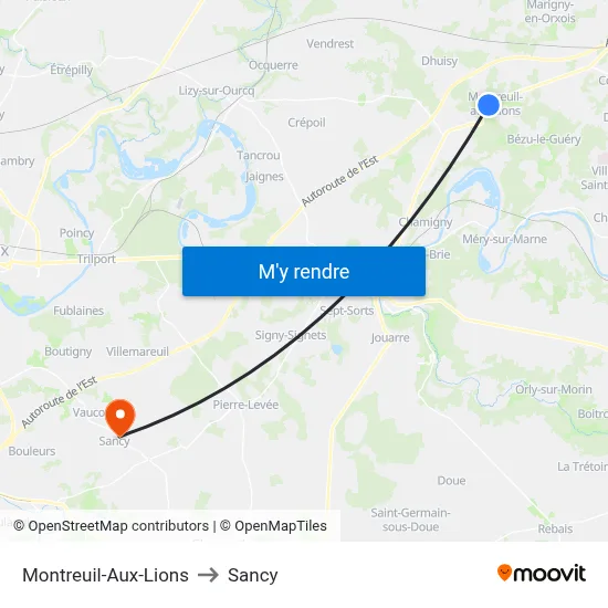 Montreuil-Aux-Lions to Sancy map