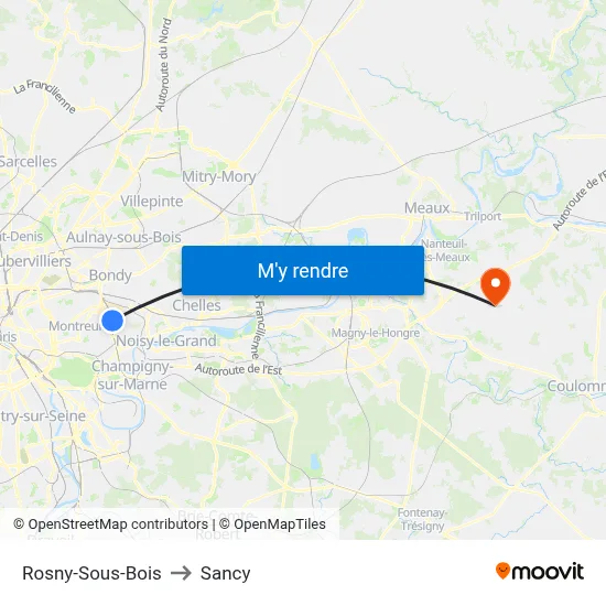 Rosny-Sous-Bois to Sancy map