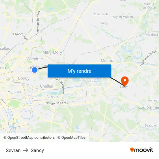Sevran to Sancy map