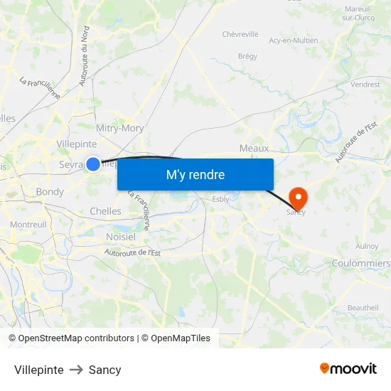 Villepinte to Sancy map