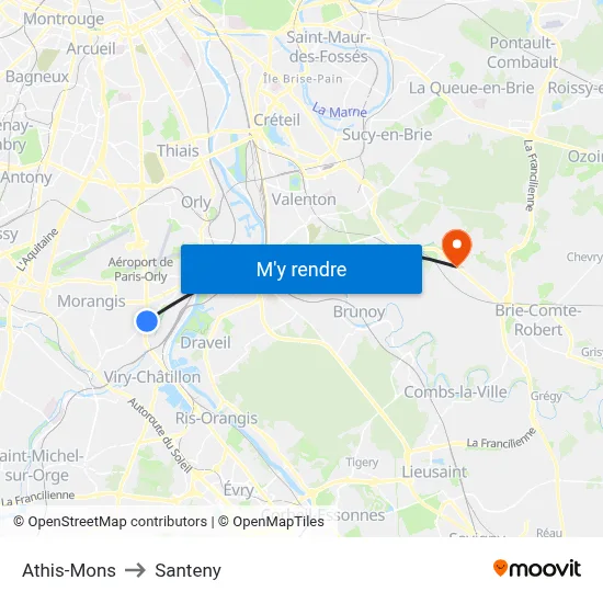 Athis-Mons to Santeny map