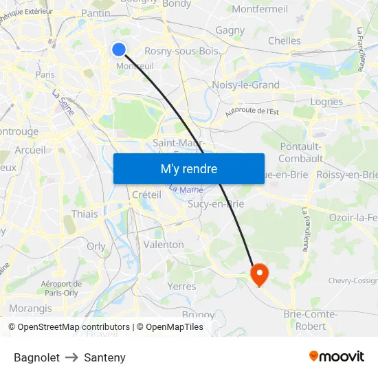 Bagnolet to Santeny map