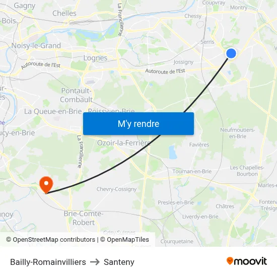 Bailly-Romainvilliers to Santeny map