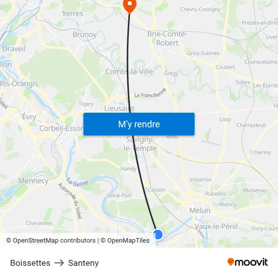 Boissettes to Santeny map