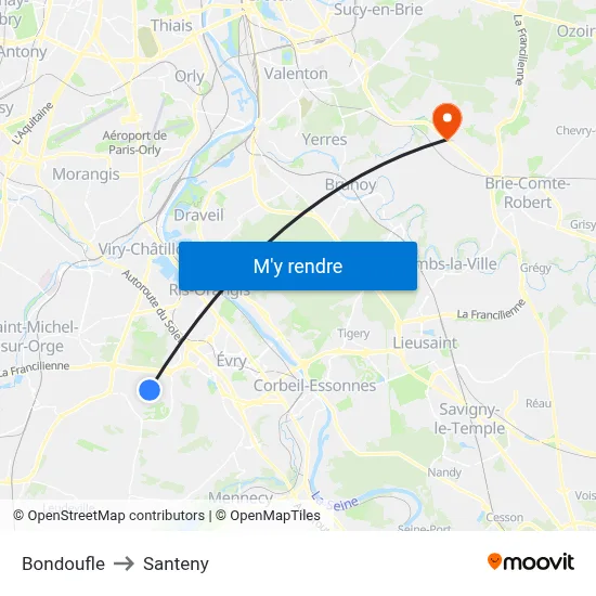 Bondoufle to Santeny map