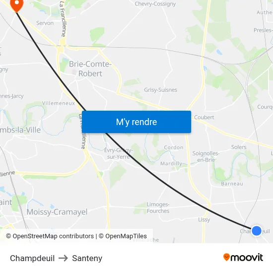 Champdeuil to Santeny map