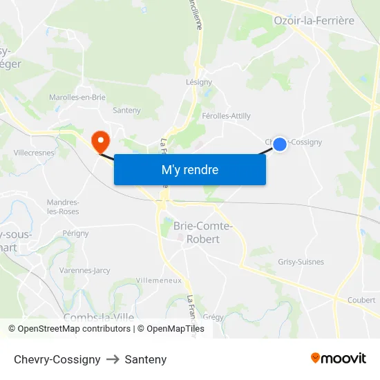 Chevry-Cossigny to Santeny map