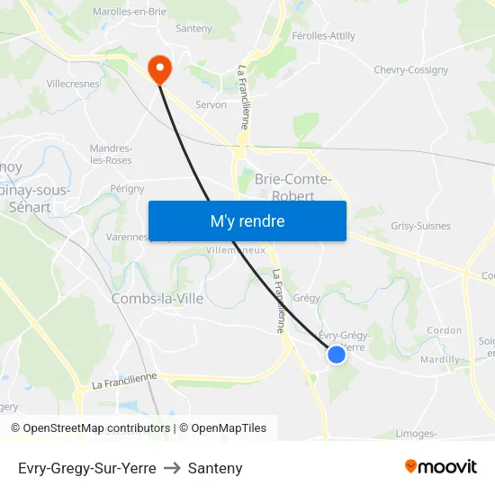 Evry-Gregy-Sur-Yerre to Santeny map