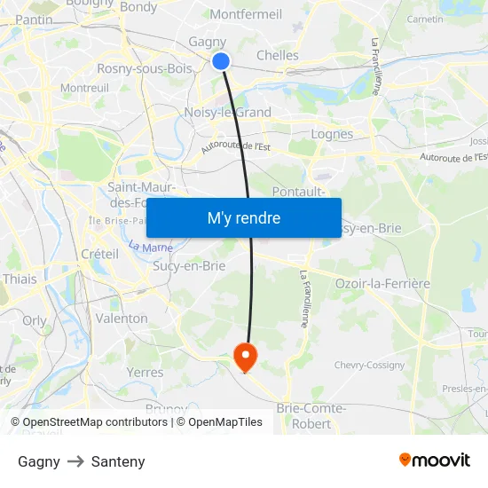 Gagny to Santeny map