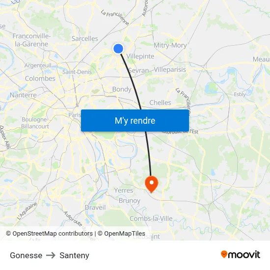 Gonesse to Santeny map