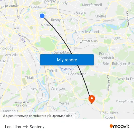 Les Lilas to Santeny map