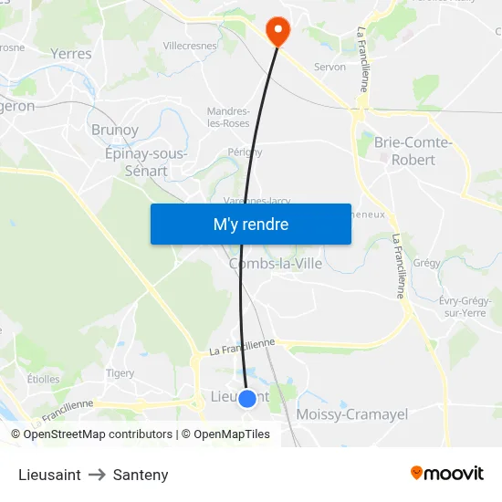 Lieusaint to Santeny map
