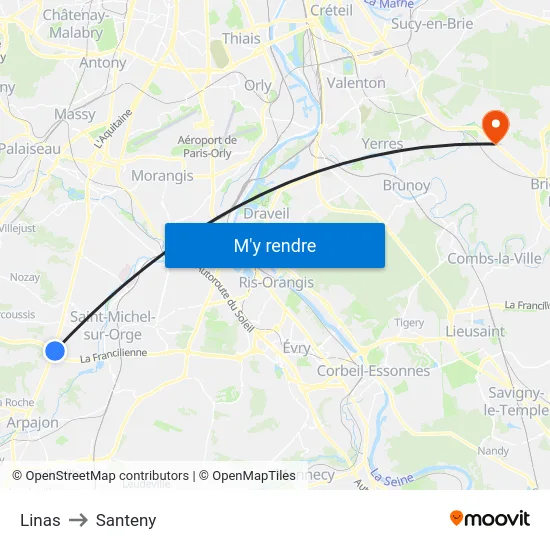 Linas to Santeny map