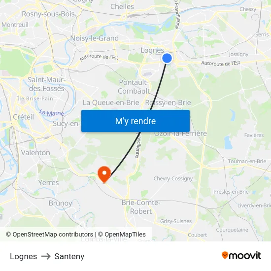 Lognes to Santeny map