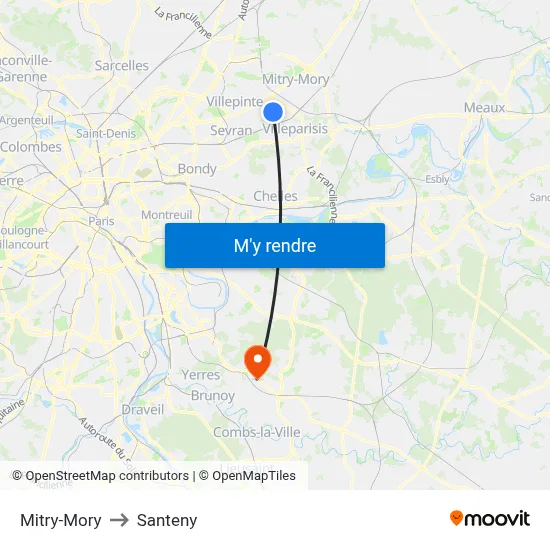 Mitry-Mory to Santeny map