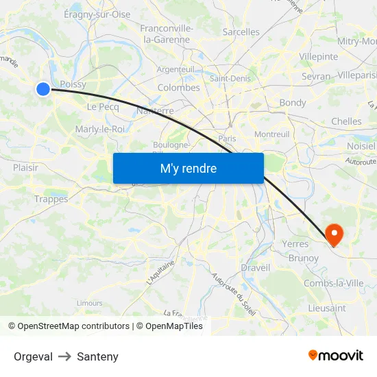 Orgeval to Santeny map