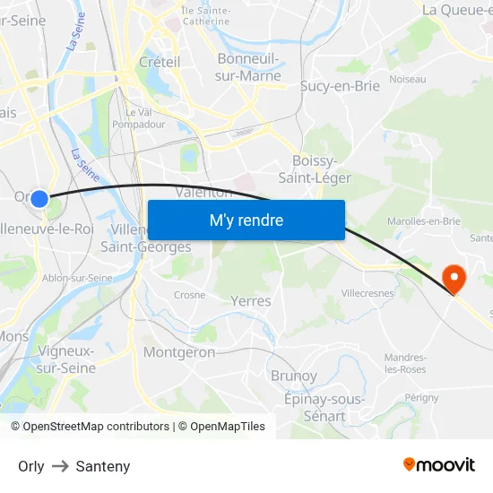 Orly to Santeny map