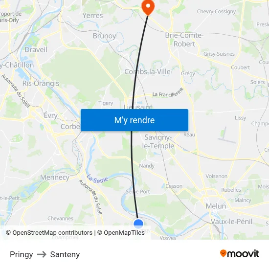 Pringy to Santeny map