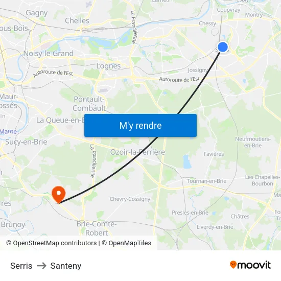 Serris to Santeny map