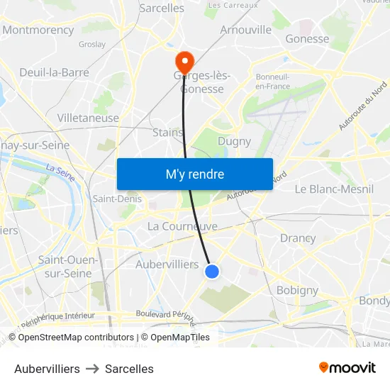Aubervilliers to Sarcelles map