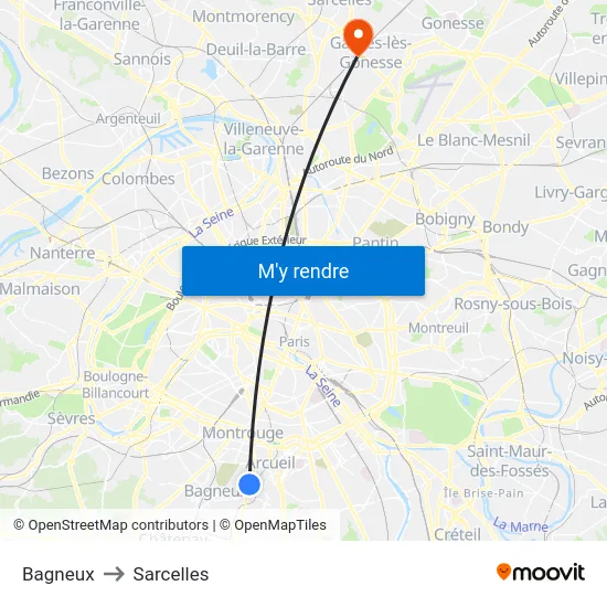 Bagneux to Sarcelles map
