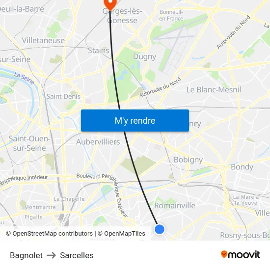 Bagnolet to Sarcelles map