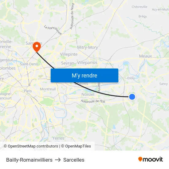 Bailly-Romainvilliers to Sarcelles map