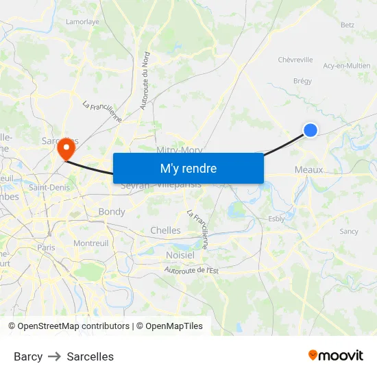 Barcy to Sarcelles map