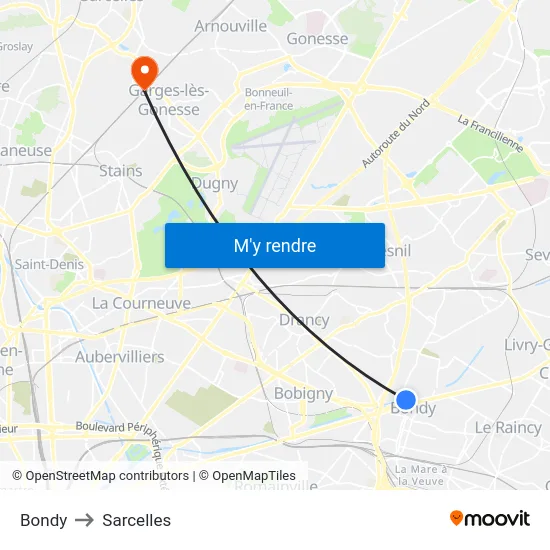 Bondy to Sarcelles map