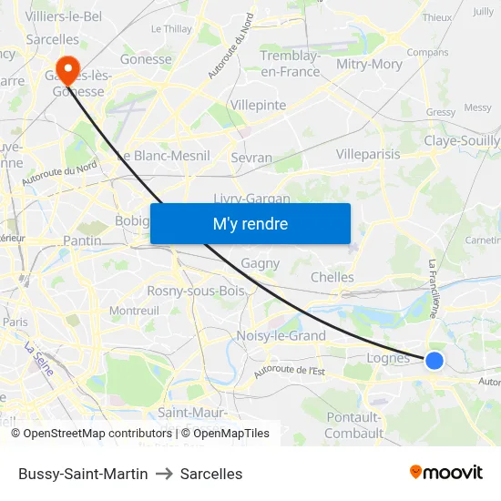 Bussy-Saint-Martin to Sarcelles map