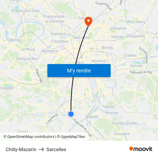 Chilly-Mazarin to Sarcelles map