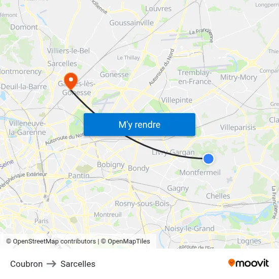 Coubron to Sarcelles map
