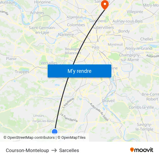 Courson-Monteloup to Sarcelles map