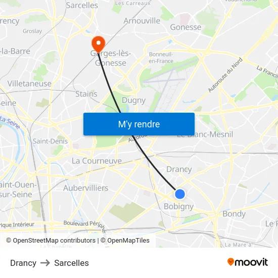 Drancy to Sarcelles map