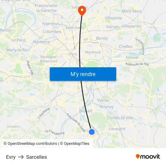 Evry to Sarcelles map