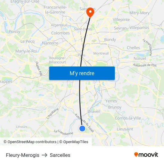 Fleury-Merogis to Sarcelles map