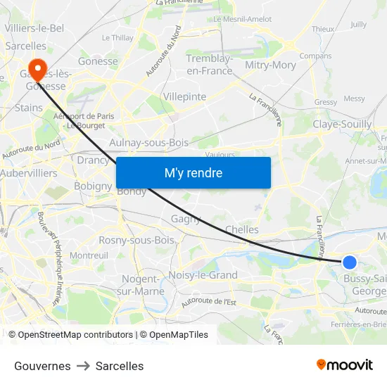 Gouvernes to Sarcelles map