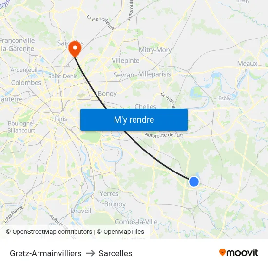 Gretz-Armainvilliers to Sarcelles map