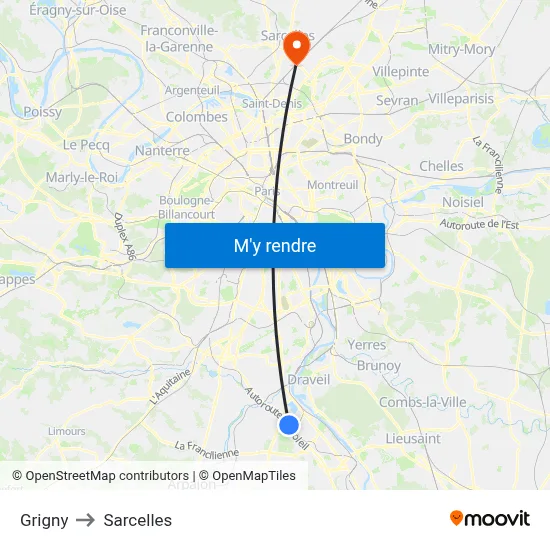 Grigny to Sarcelles map