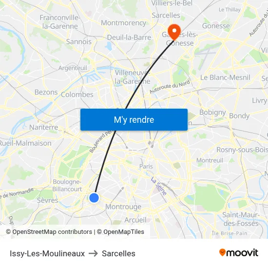 Issy-Les-Moulineaux to Sarcelles map