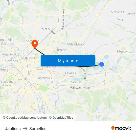 Jablines to Sarcelles map