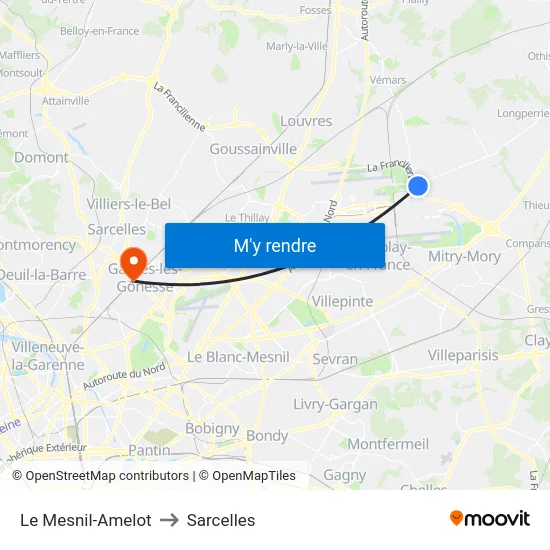 Le Mesnil-Amelot to Sarcelles map