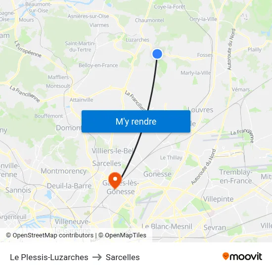 Le Plessis-Luzarches to Sarcelles map