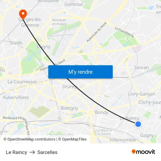 Le Raincy to Sarcelles map