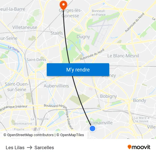 Les Lilas to Sarcelles map