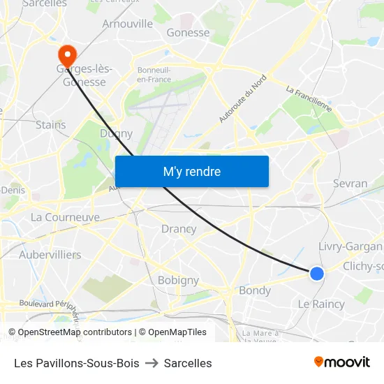 Les Pavillons-Sous-Bois to Sarcelles map